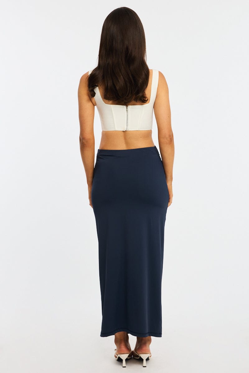 Blue Ruched Maxi Skirt Elastic Waist