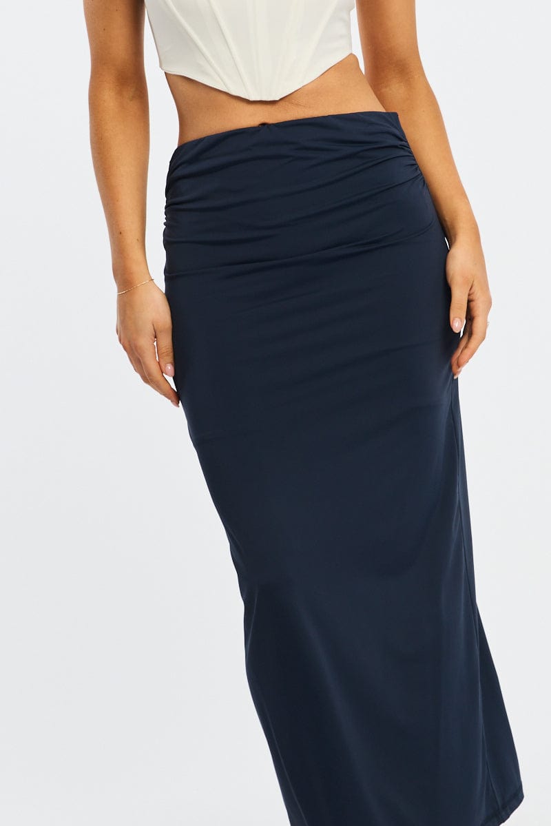 Blue Ruched Maxi Skirt Elastic Waist