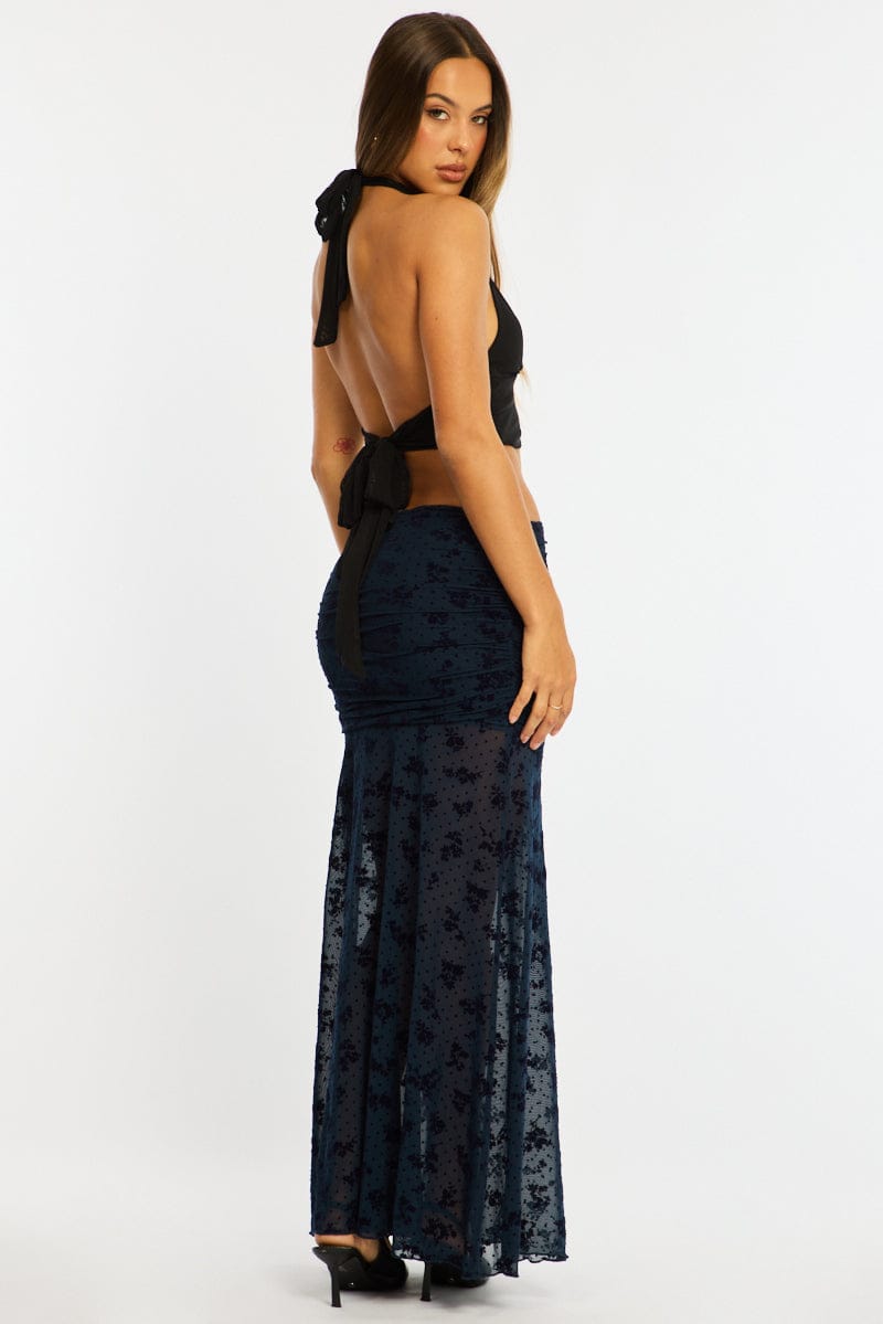 Blue Maxi Skirt High Waisted Fit & Flare