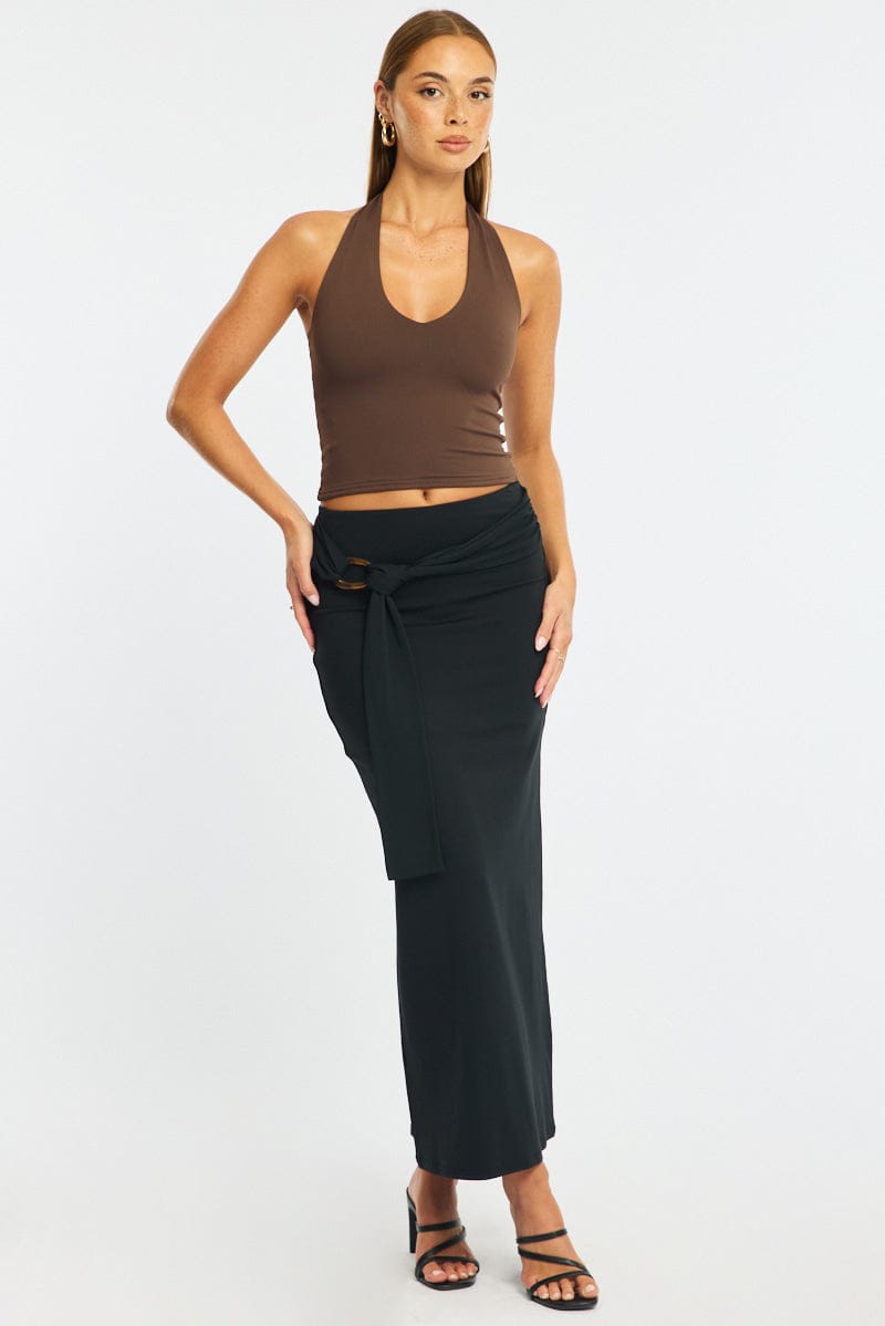 Black Hardware Maxi Skirt Mid Rise Side Split