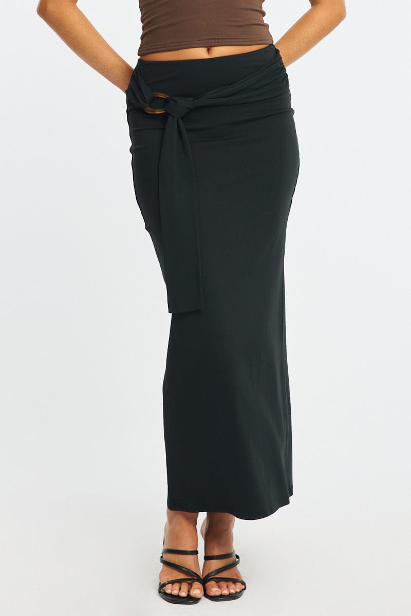 Black Hardware Maxi Skirt Mid Rise Side Split