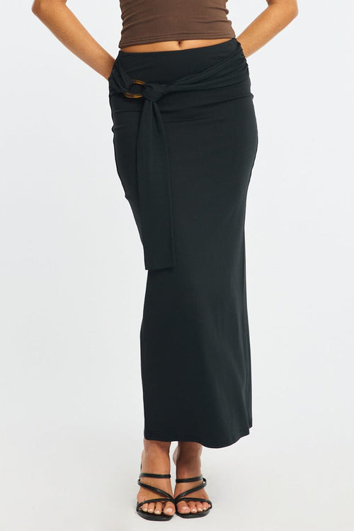 Black Hardware Maxi Skirt Mid Rise Side Split