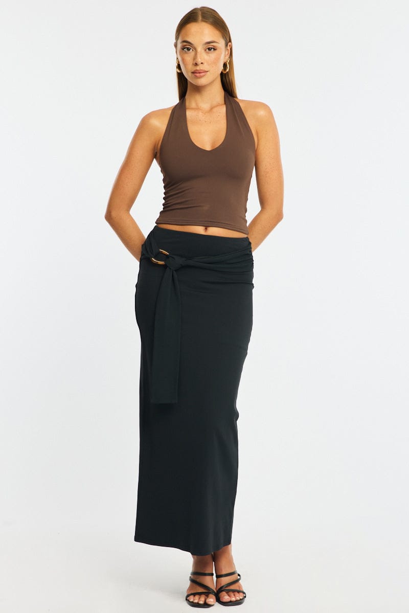 Black Hardware Maxi Skirt Mid Rise Side Split