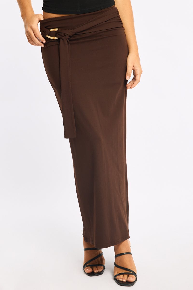 Brown Hardware Maxi Skirt Mid Rise Side Split