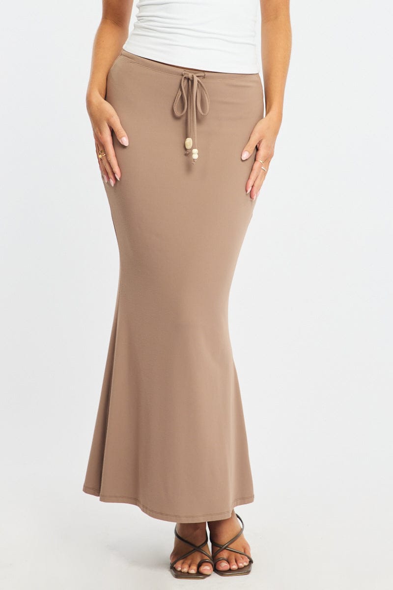 Brown Maxi Skirt Elasticated Waist Beaded Details