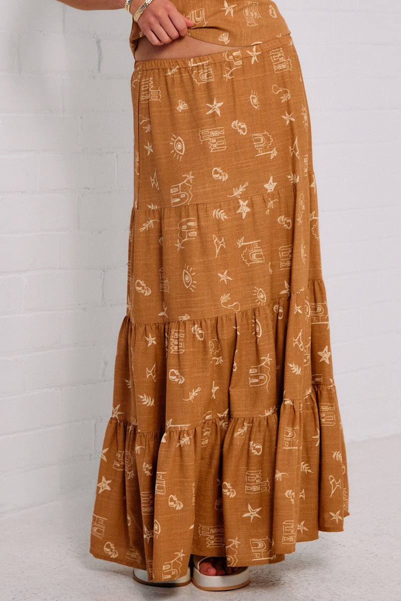 Brown Abstract Maxi Skirt Tiered