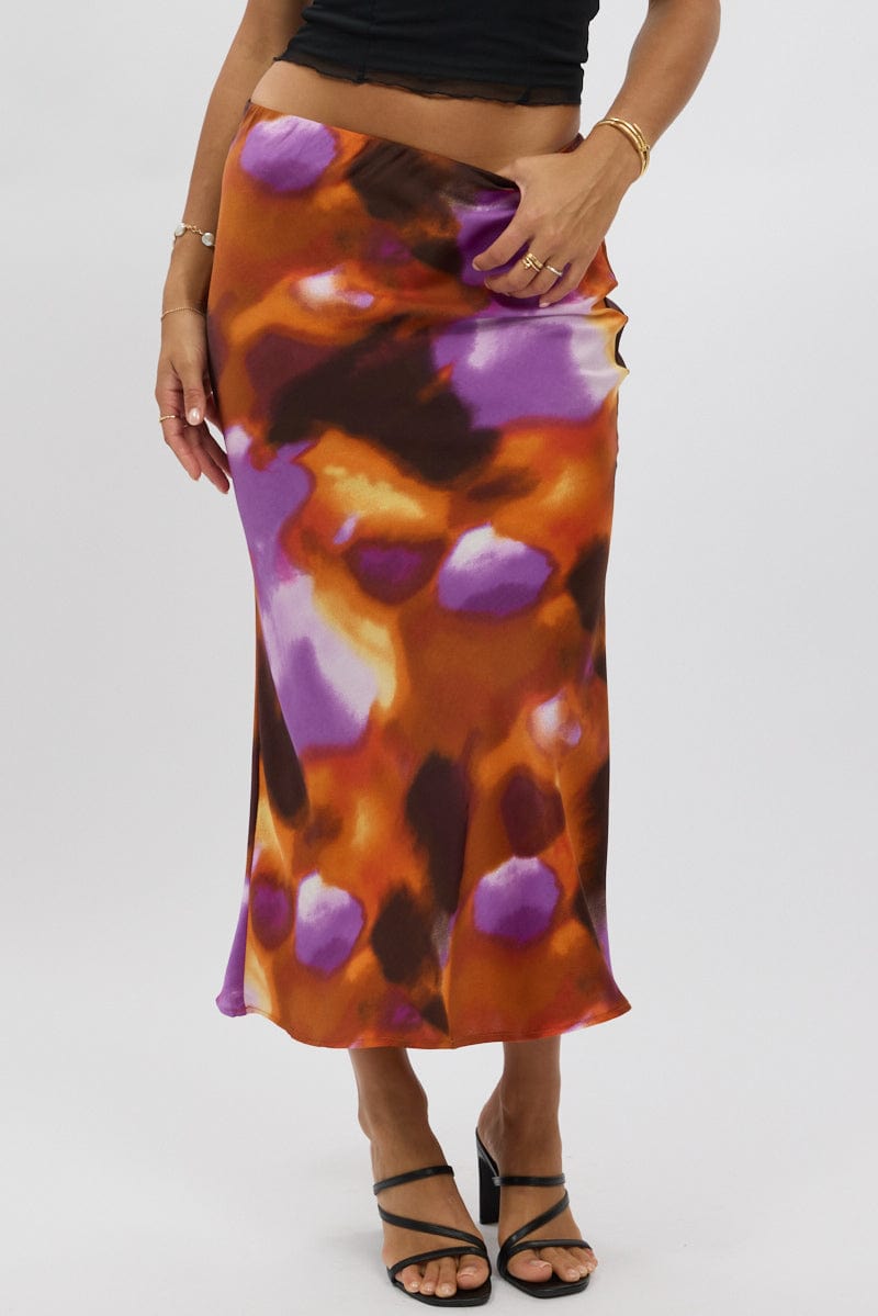 Multi Abstract Slip Skirt High Rise Elastic Waist