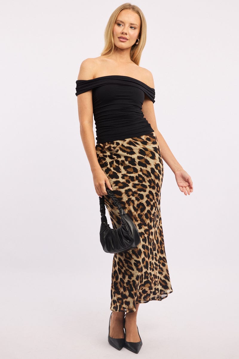 Brown Animal Print Slip Skirt High Rise Elastic