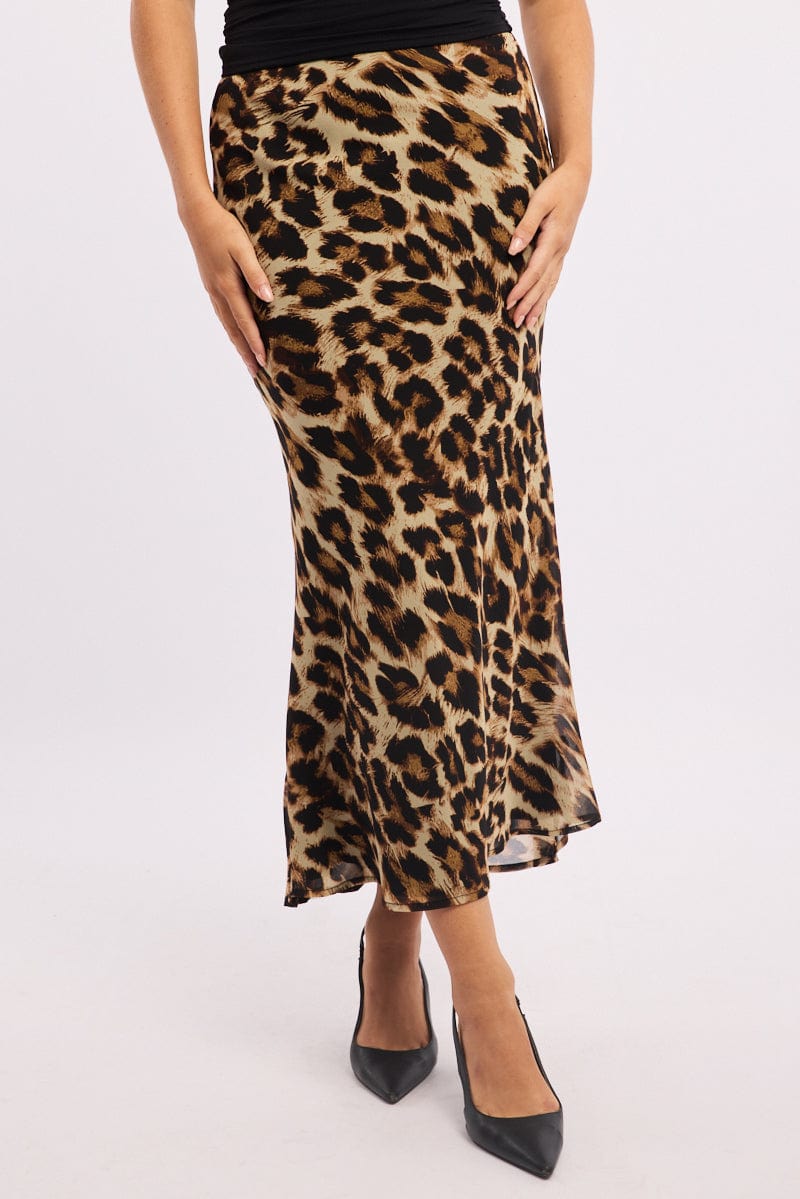 Brown Animal Print Slip Skirt High Rise Elastic