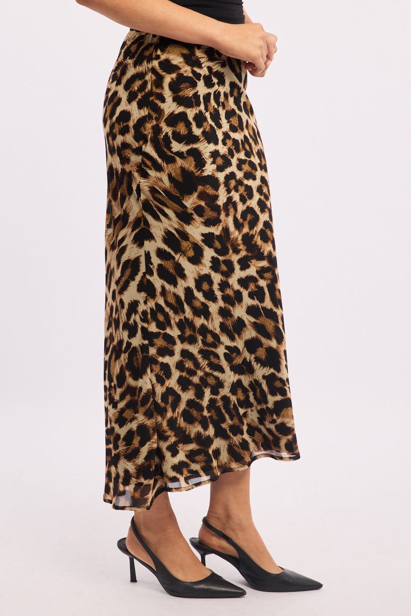 Brown Animal Print Slip Skirt High Rise Elastic