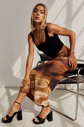 Brown Abstract Maxi Skirt High Rise Mesh