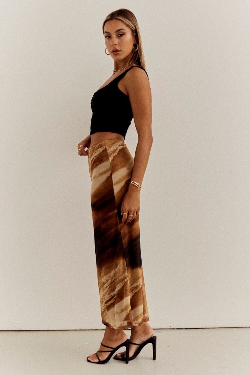 Brown Abstract Maxi Skirt High Rise Mesh