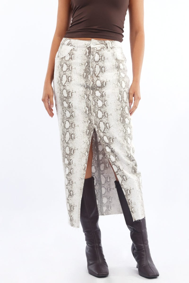 Beige Animal Print Snake Skin Skirt High Rise