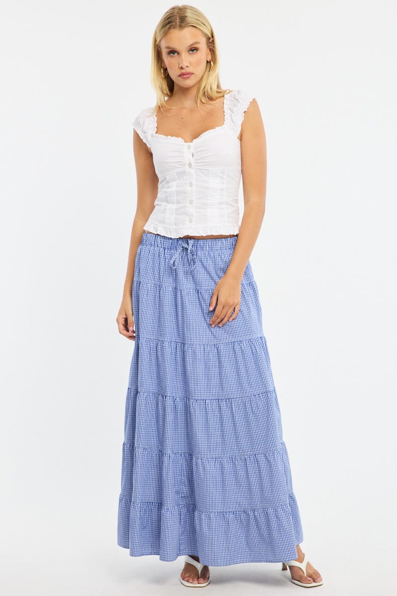Blue Check Maxi Skirt Tiered High Rise Linen