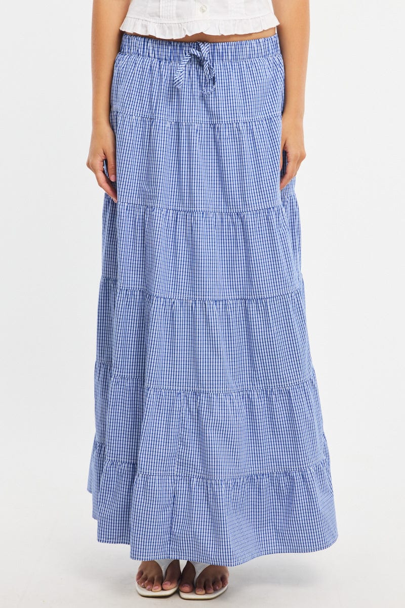 Blue Check Maxi Skirt Tiered High Rise Linen