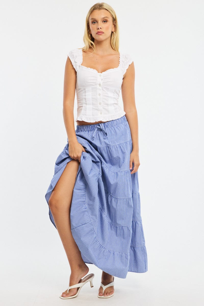 Blue Check Maxi Skirt Tiered High Rise Linen