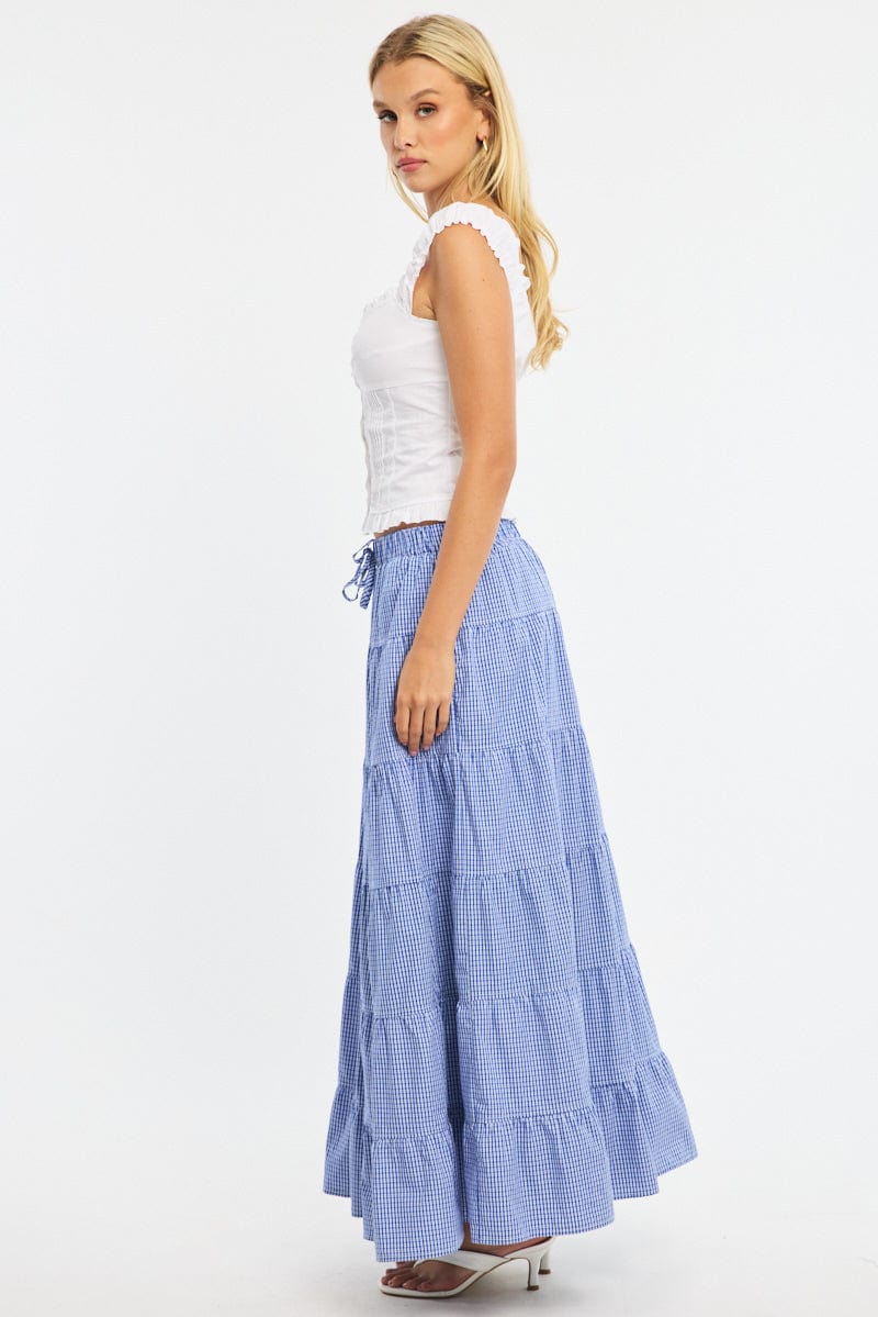 Blue Check Maxi Skirt Tiered High Rise Linen