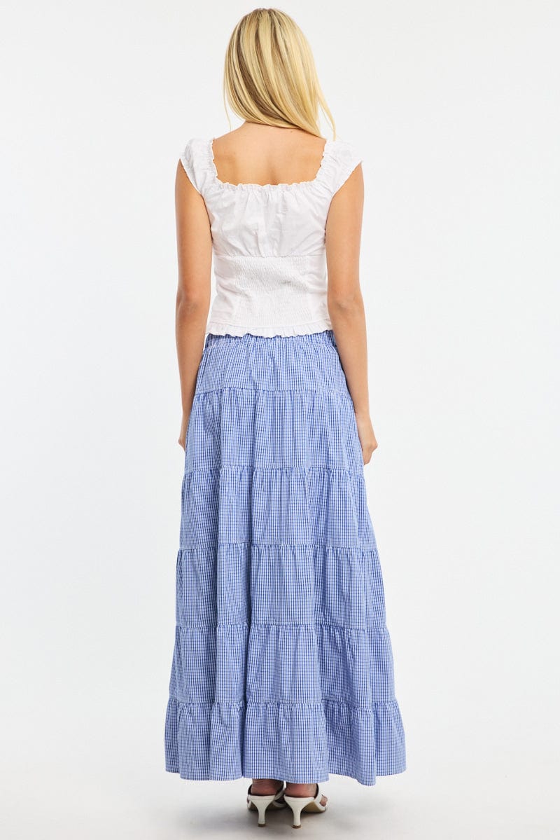 Blue Check Maxi Skirt Tiered High Rise Linen