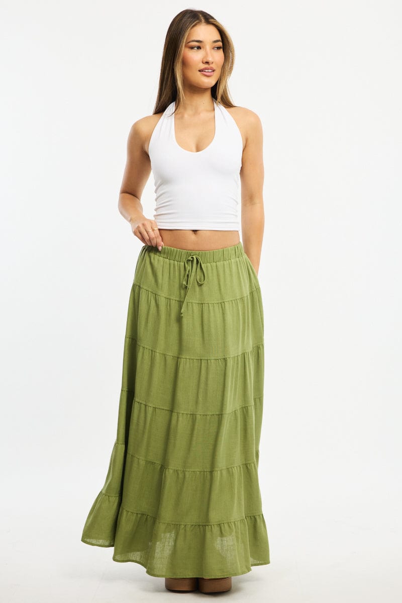 Green Maxi Skirt Tiered High Rise Linen Blend