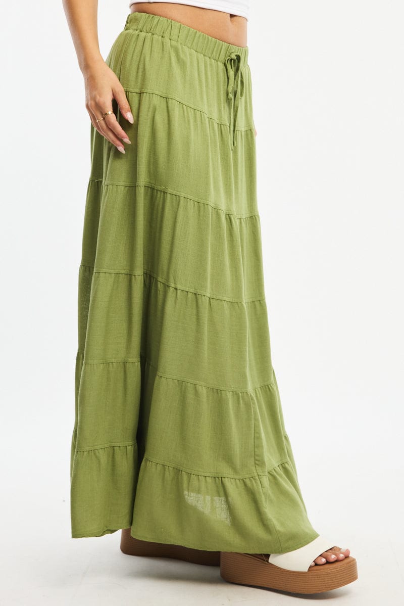 Green Maxi Skirt Tiered High Rise Linen Blend