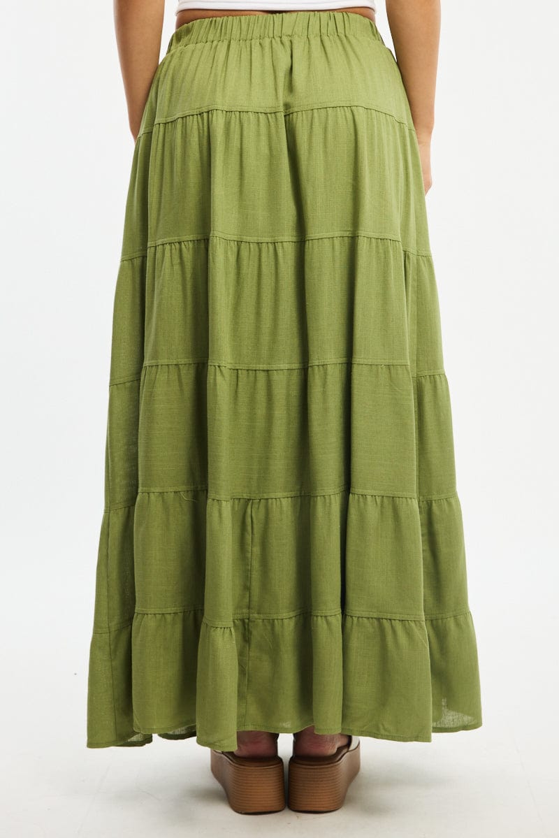 Green Maxi Skirt Tiered High Rise Linen Blend