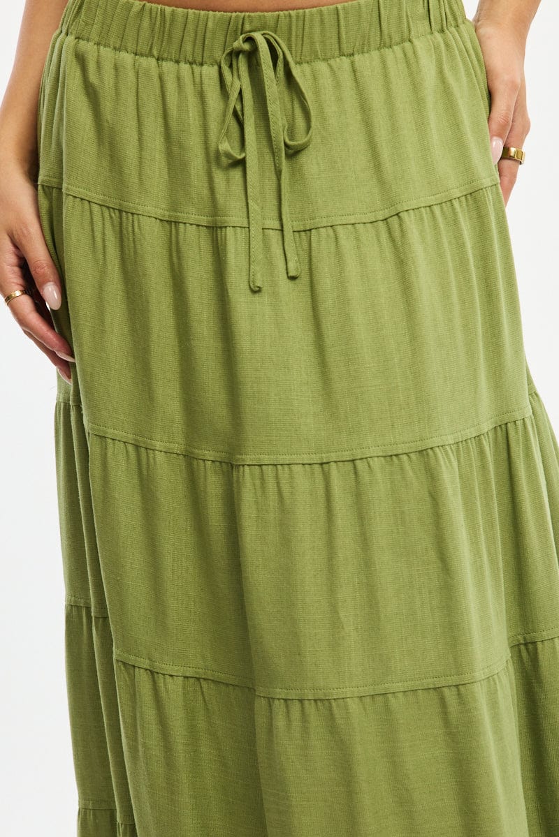 Green Maxi Skirt Tiered High Rise Linen Blend