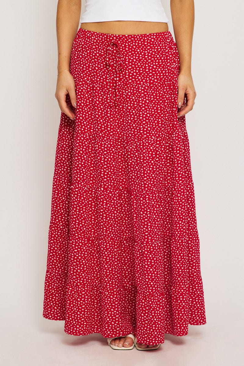 Red Ditsy Maxi Skirt Tiered High Rise