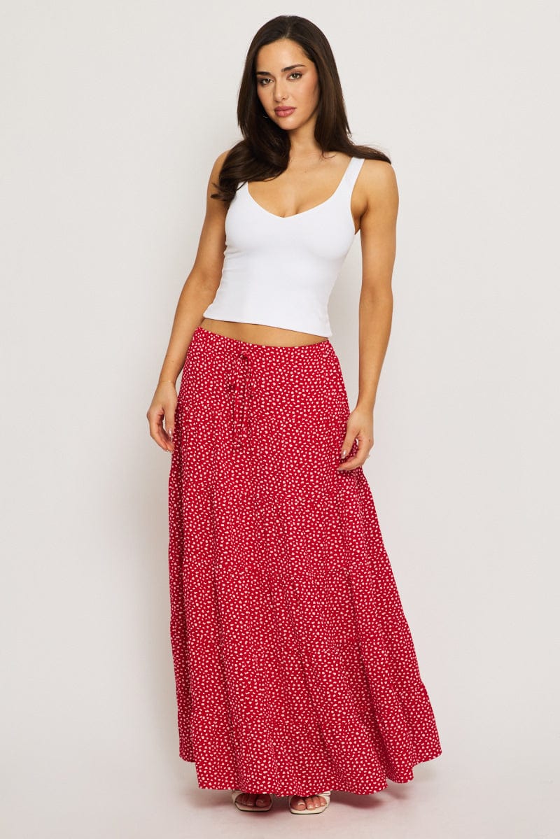 Red Ditsy Maxi Skirt Tiered High Rise