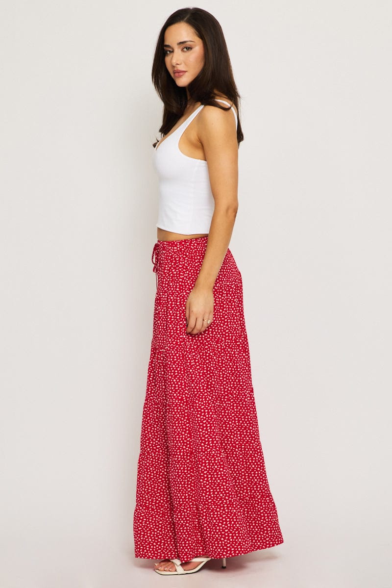 Red Ditsy Maxi Skirt Tiered High Rise