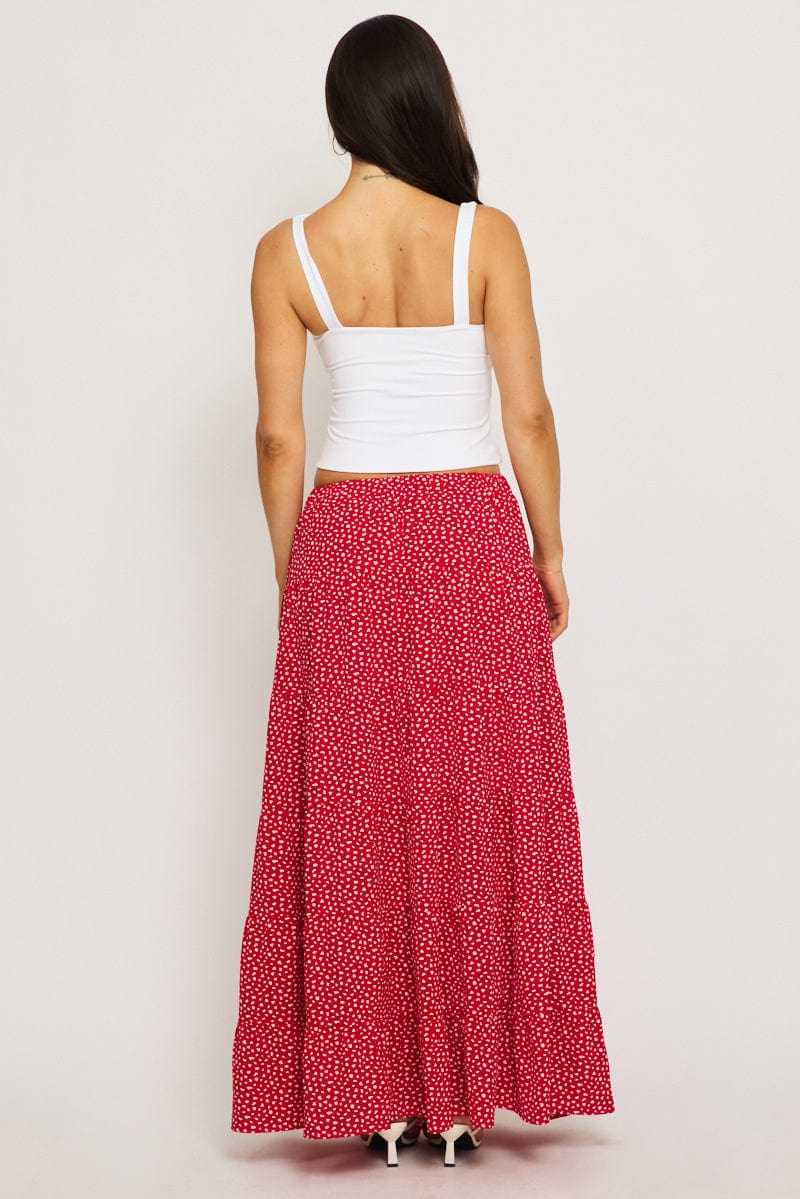 Red Ditsy Maxi Skirt Tiered High Rise
