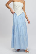 Blue Tiered Maxi Skirt High Rise Elastic Waist