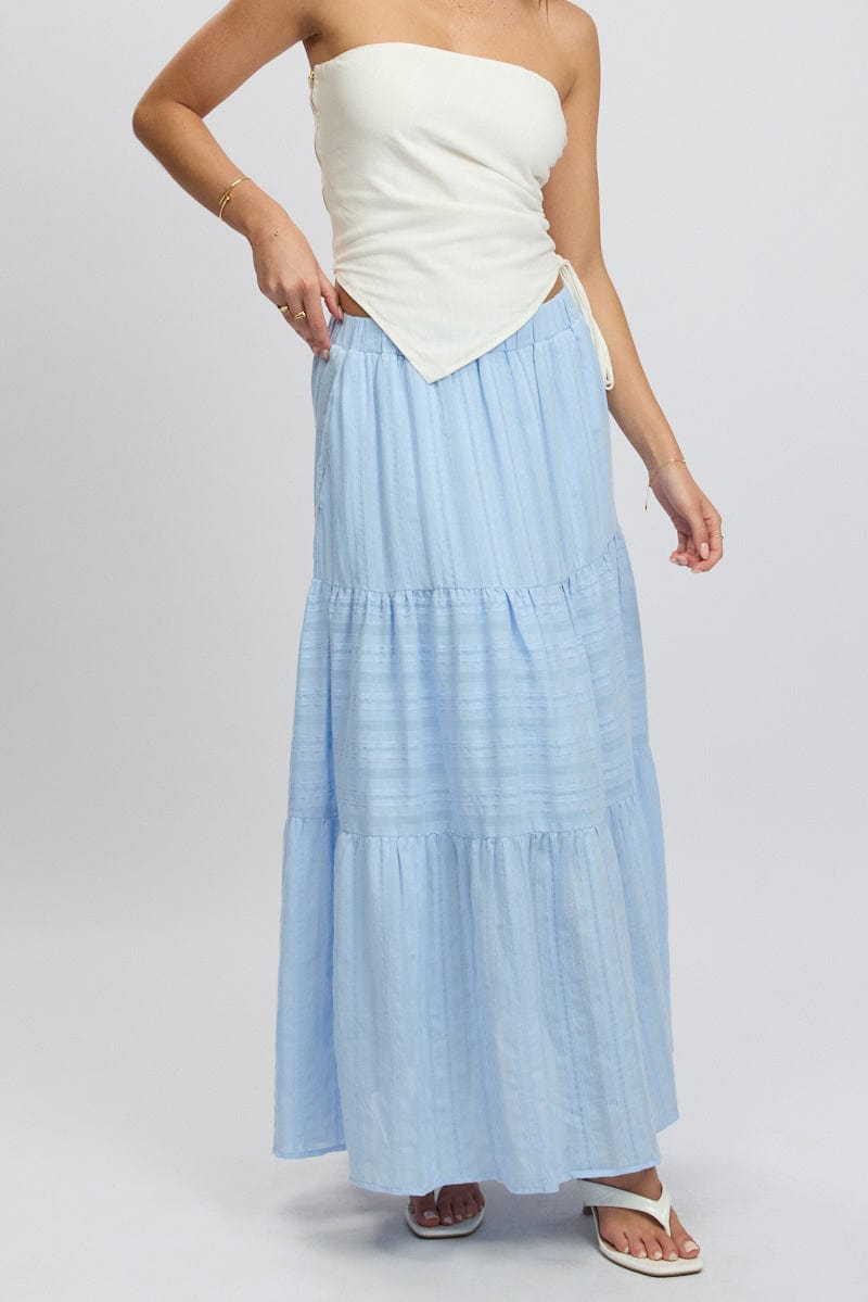 Blue Tiered Maxi Skirt High Rise Elastic Waist