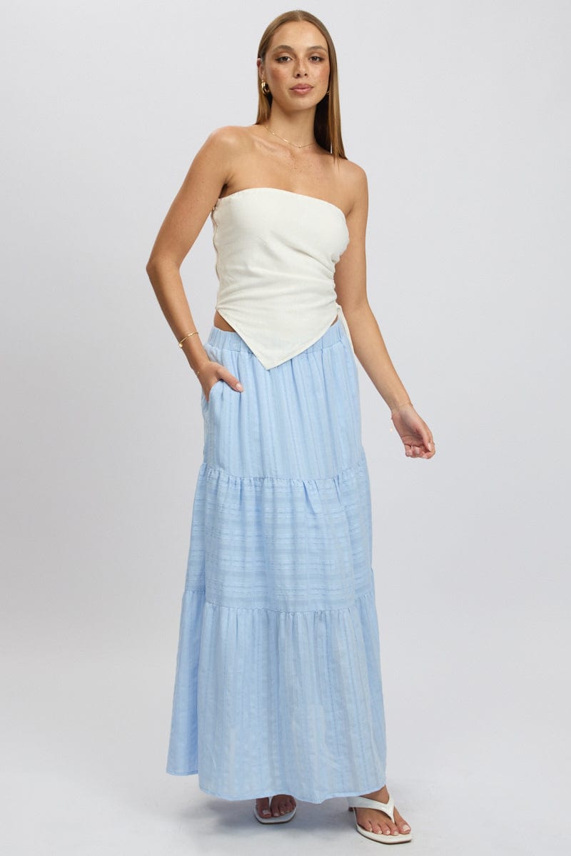 Blue Tiered Maxi Skirt High Rise Elastic Waist
