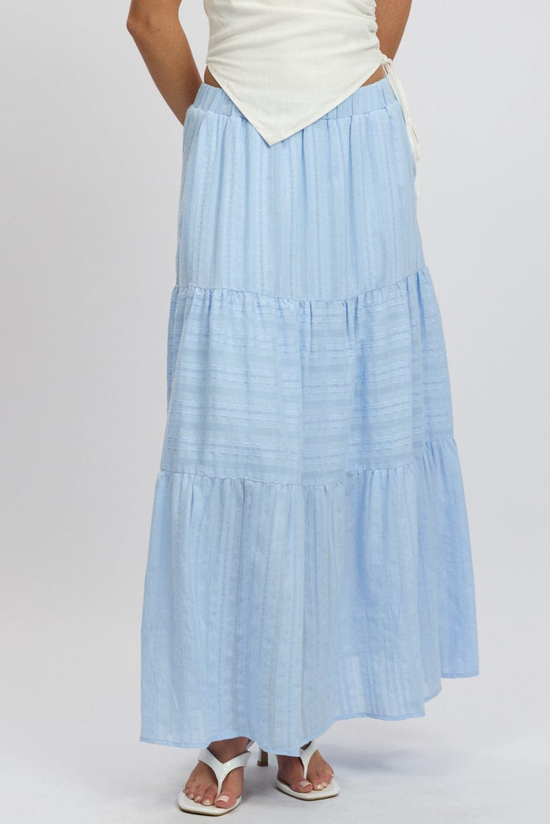 Blue Tiered Maxi Skirt High Rise Elastic Waist