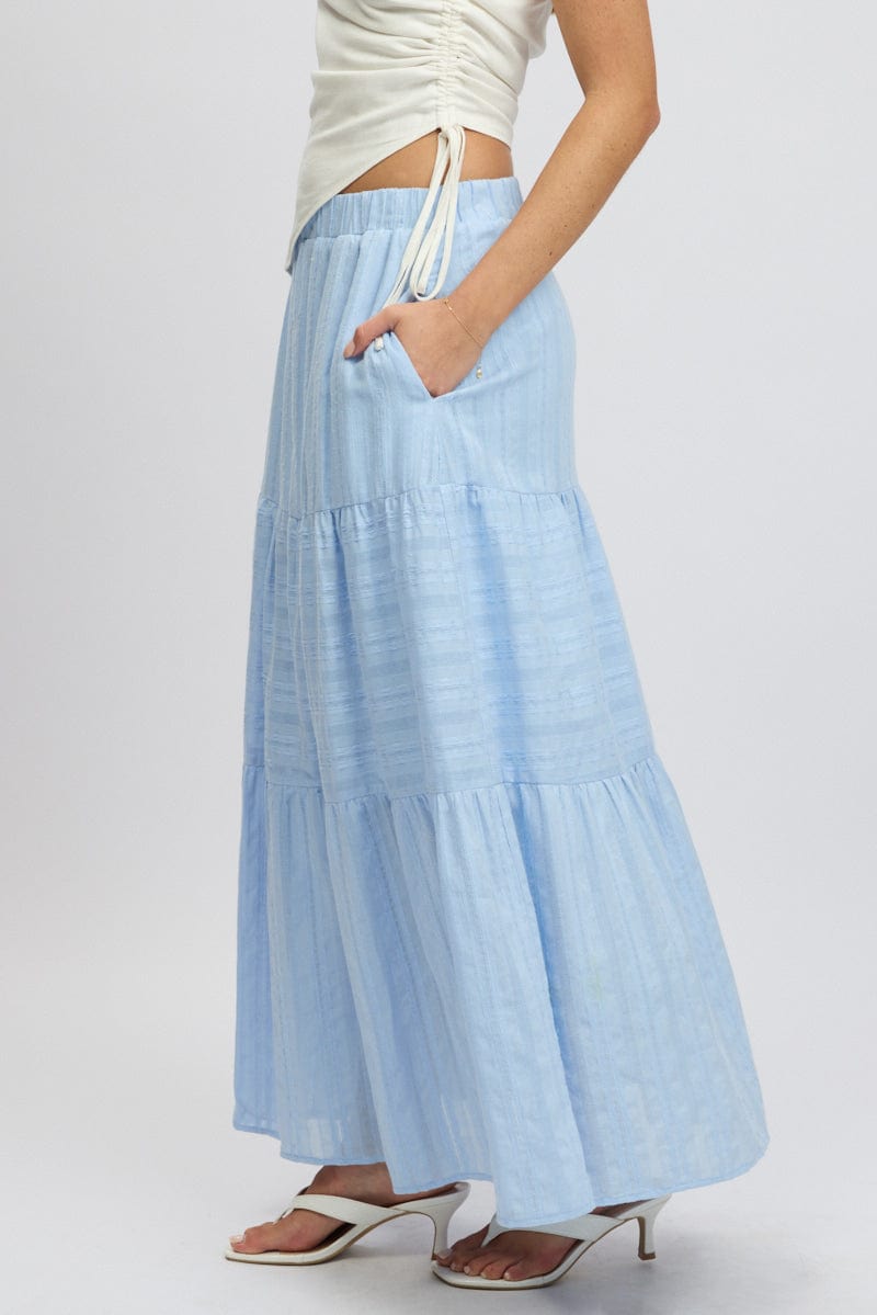 Blue Tiered Maxi Skirt High Rise Elastic Waist