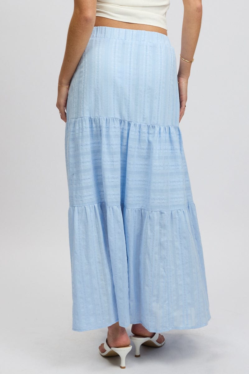 Blue Tiered Maxi Skirt High Rise Elastic Waist