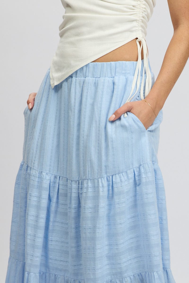 Blue Tiered Maxi Skirt High Rise Elastic Waist