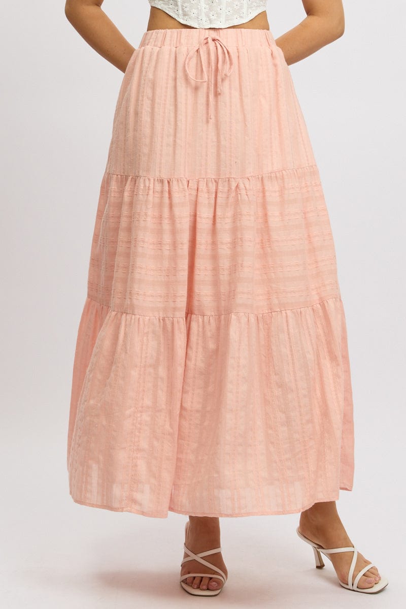 Orange Tiered Maxi Skirt High Rise Elastic Waist