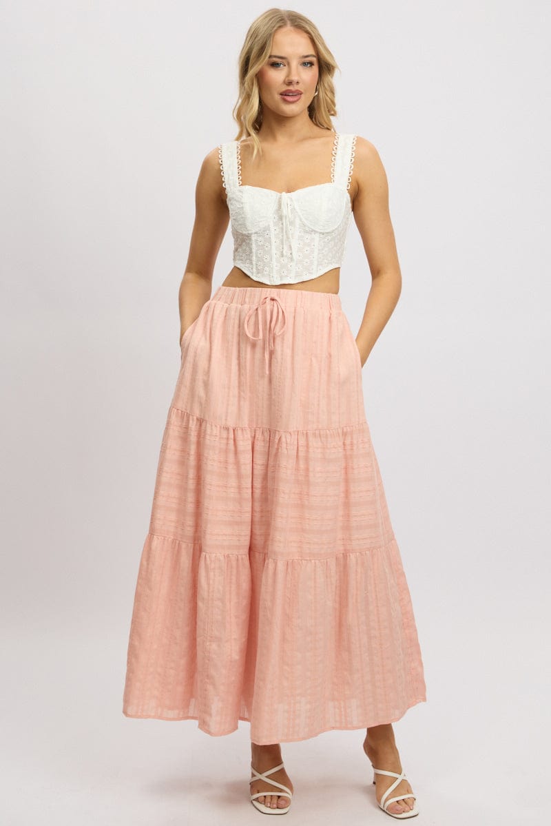 Orange Tiered Maxi Skirt High Rise Elastic Waist