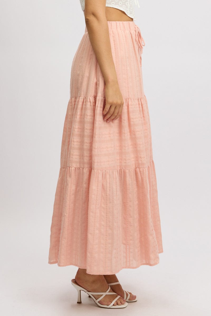 Orange Tiered Maxi Skirt High Rise Elastic Waist