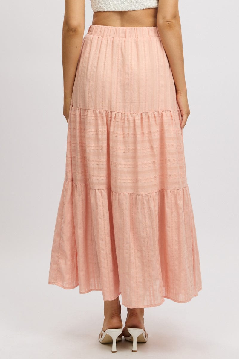 Orange Tiered Maxi Skirt High Rise Elastic Waist