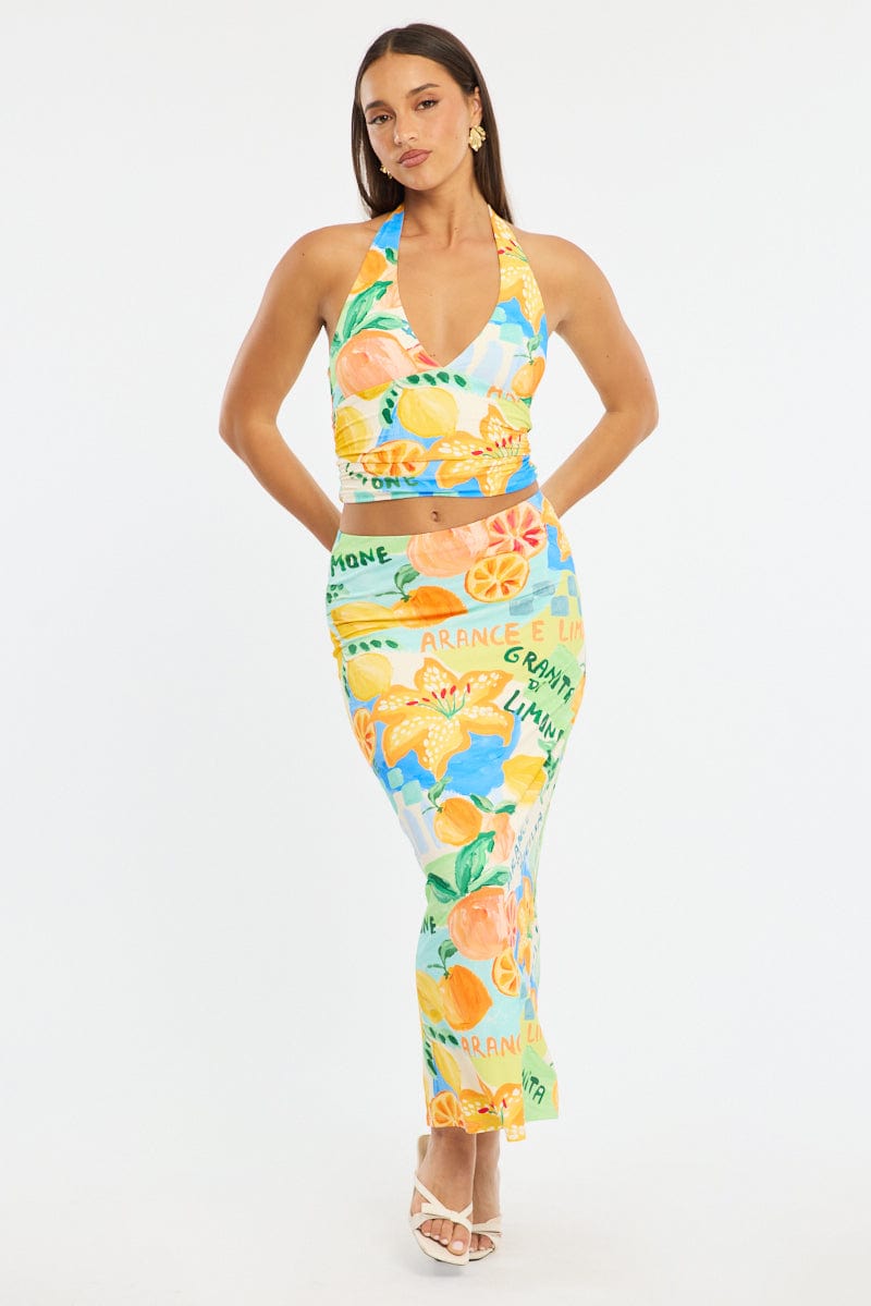 Multi Abstract Supersoft Maxi Skirt Elastic Waist Lined
