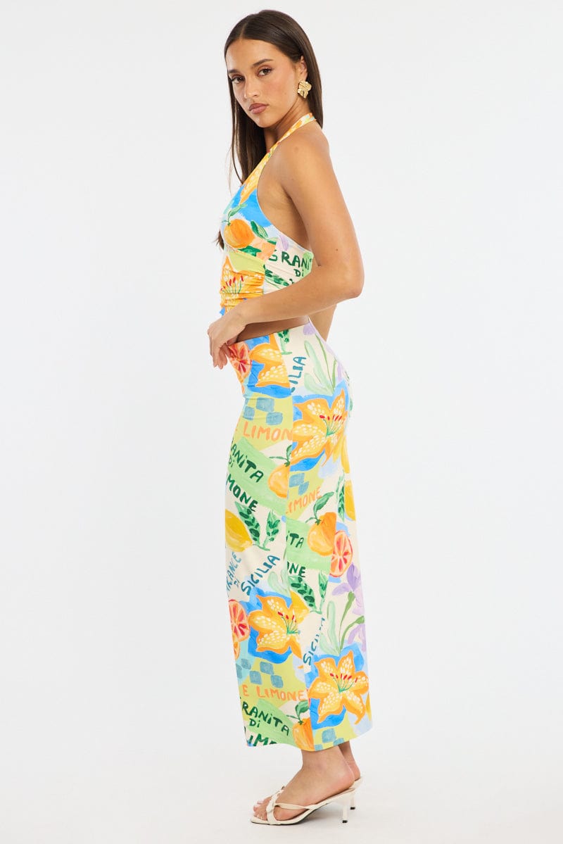 Multi Abstract Supersoft Maxi Skirt Elastic Waist Lined