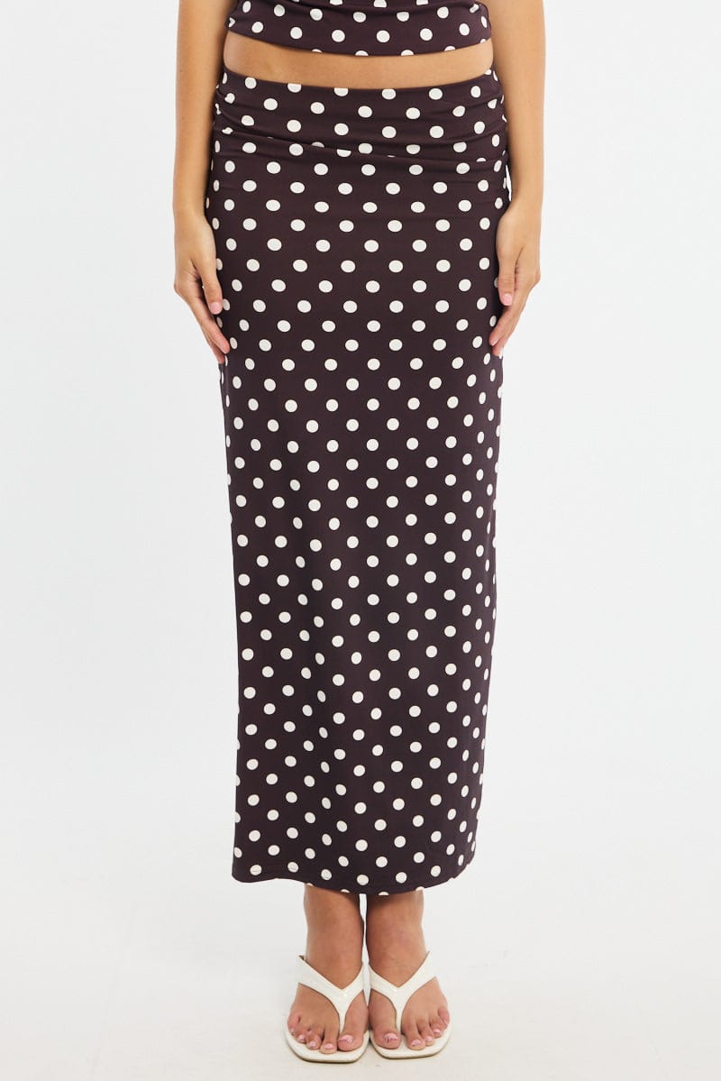 Brown Polka Dot Supersoft Maxi Skirt Elastic Waist