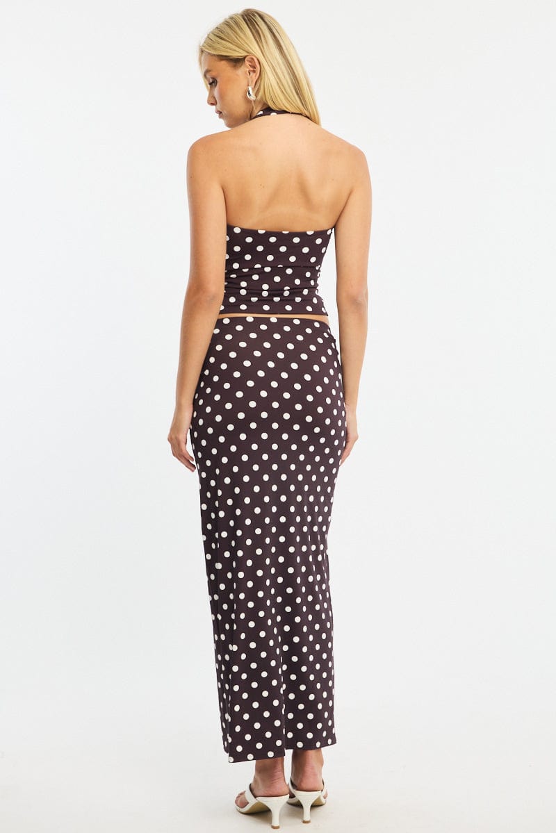 Brown Polka Dot Supersoft Maxi Skirt Elastic Waist