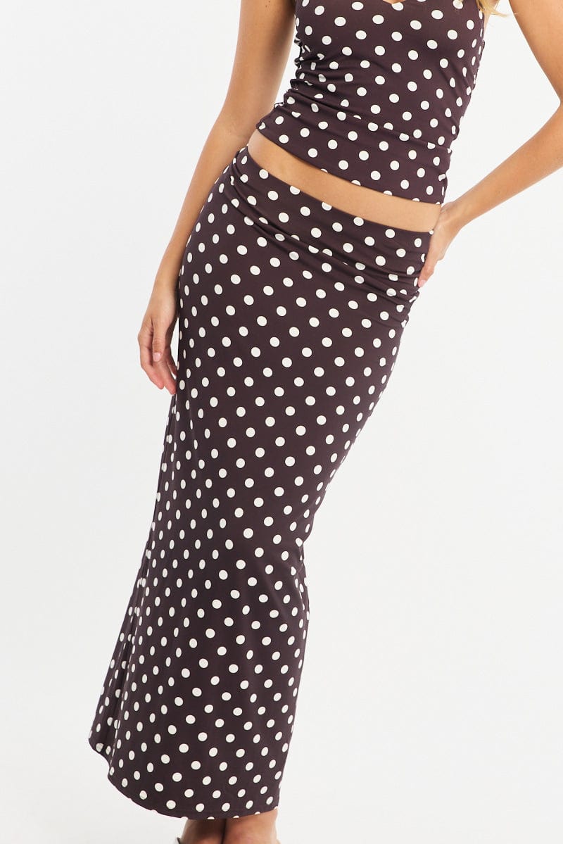 Brown Polka Dot Supersoft Maxi Skirt Elastic Waist