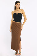 Brown Maxi Skirt Elasticated Waist Side Split Textured