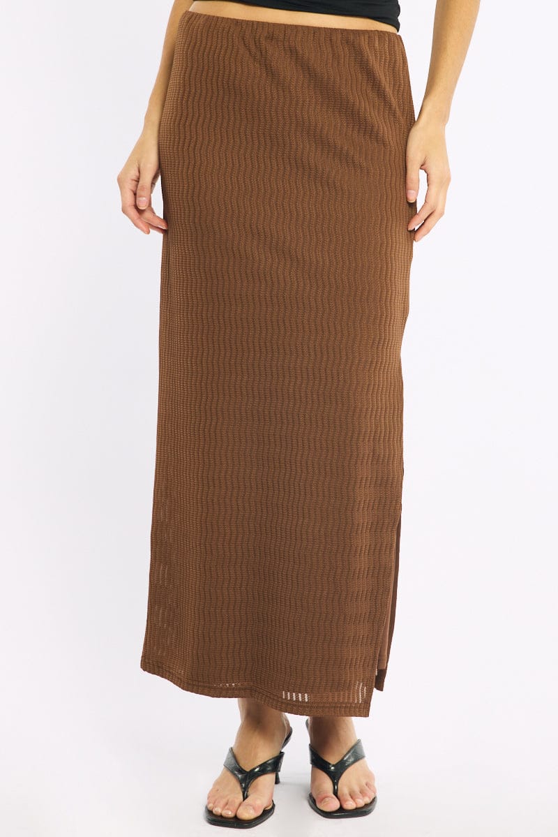 Brown Maxi Skirt Elasticated Waist Side Split Textured