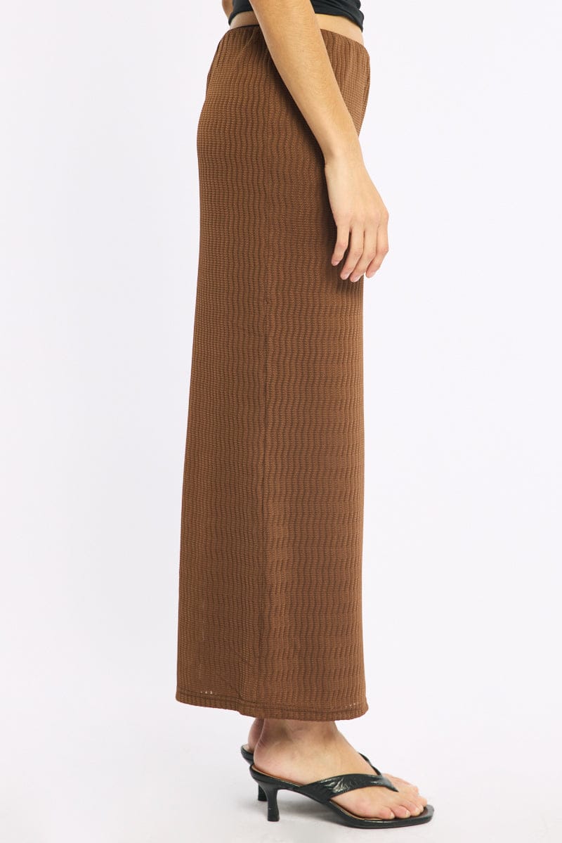 Brown Maxi Skirt Elasticated Waist Side Split Textured