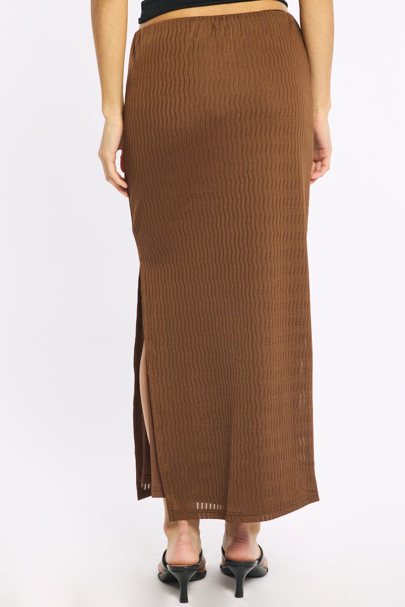 Brown Maxi Skirt Elasticated Waist Side Split Textured